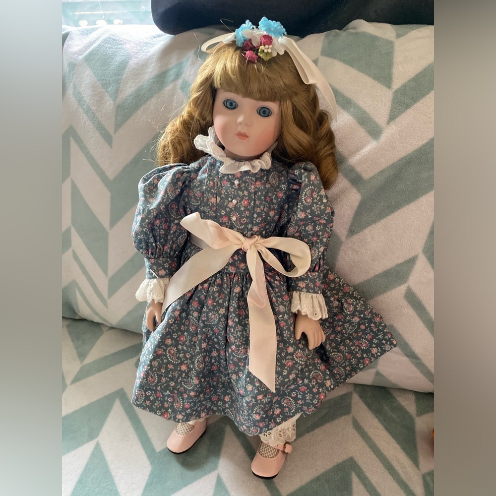 Porcelain Collectible Girl Doll in Blue Floral Dress with Pink Accents